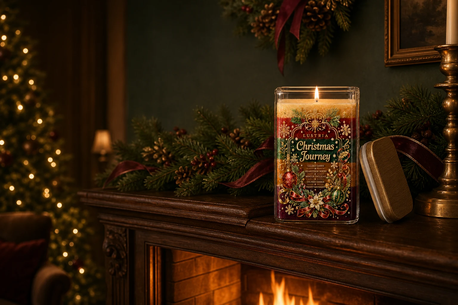 Christmas Journey candle glowing on a decorated mantel beside a fireplace