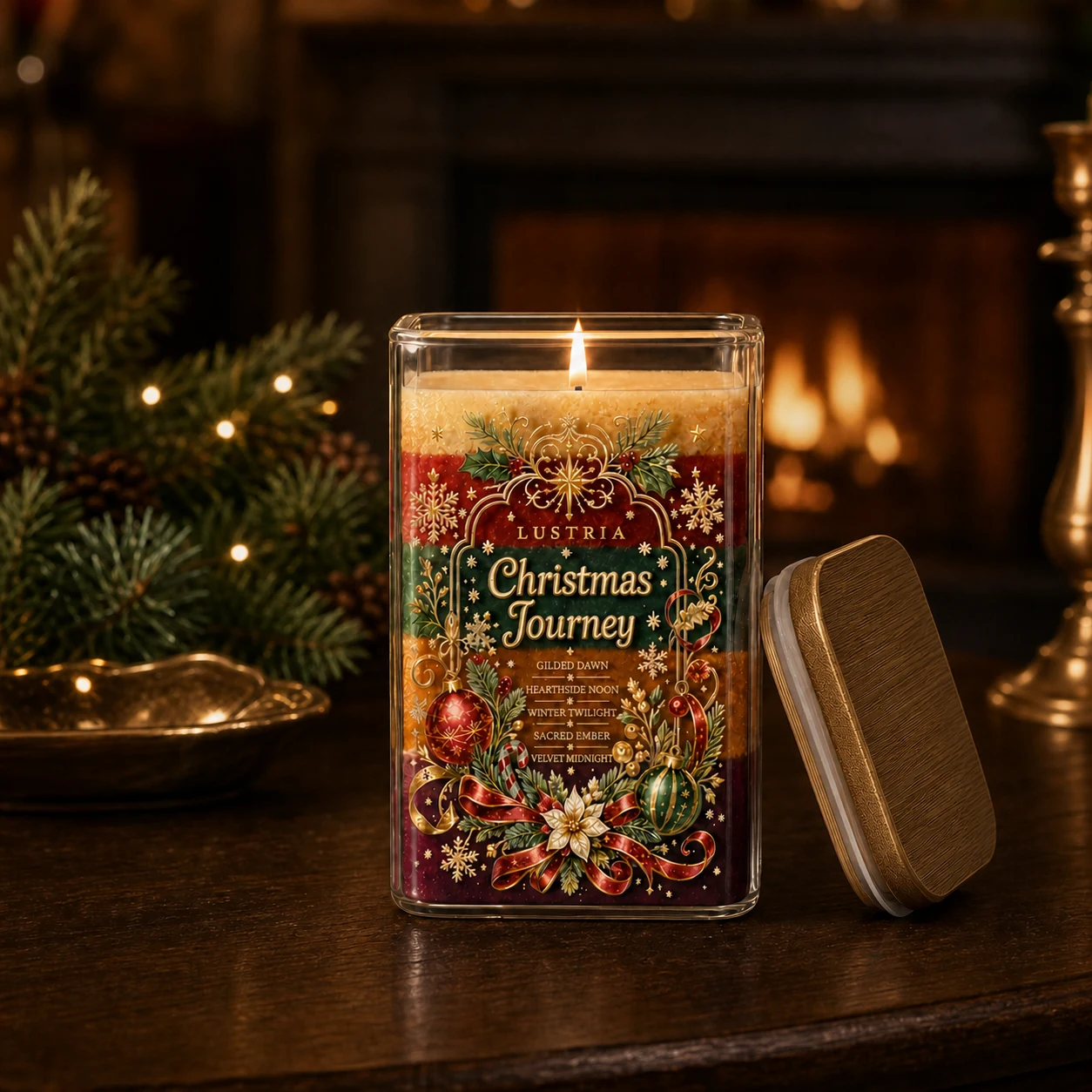 Lit Lustria Christmas Journey candle showing its five coloured wax layers beside a glowing fireplace